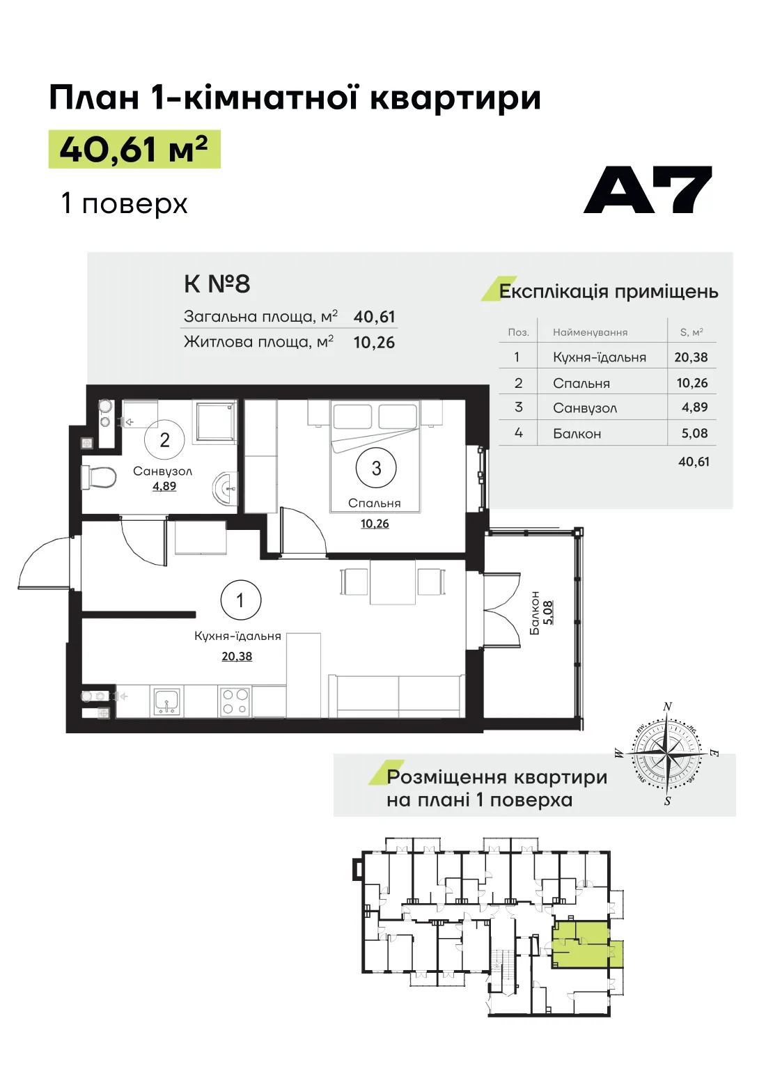 Планування квартири № 8, секція 1 ЖК «Акварель 7» (лист забудовника)