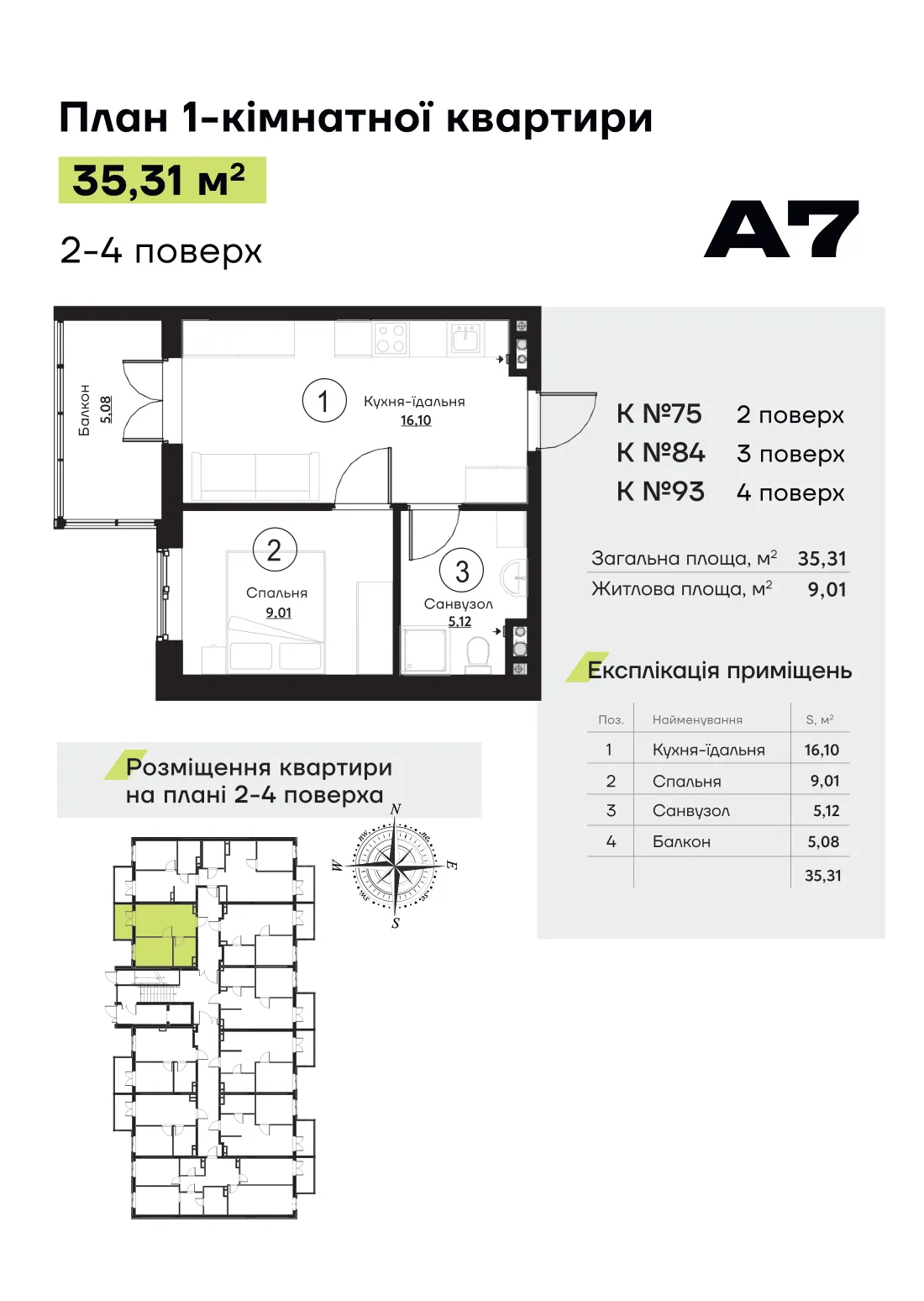 Планування квартири № 84, секція 2 ЖК «Акварель 7» (лист забудовника)