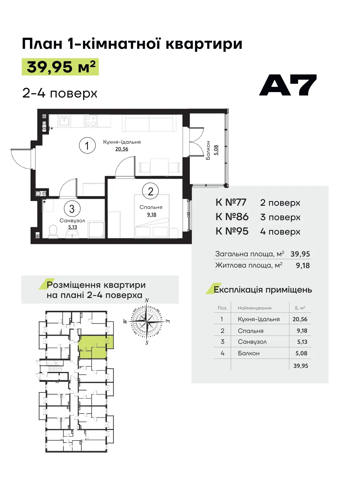 Планування квартири № 77, секція 2 ЖК «Акварель 7» (лист забудовника)