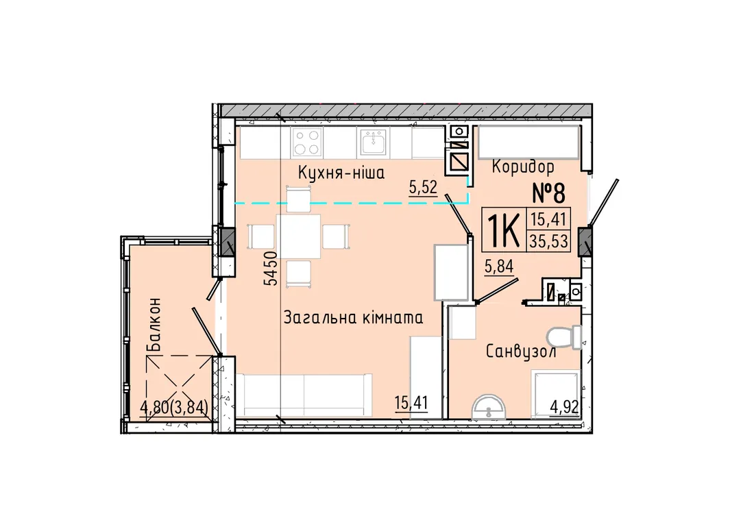 Планування квартири № 8/5/2 (стояк 8, готова секція 2) ЖК «Акварель 7»