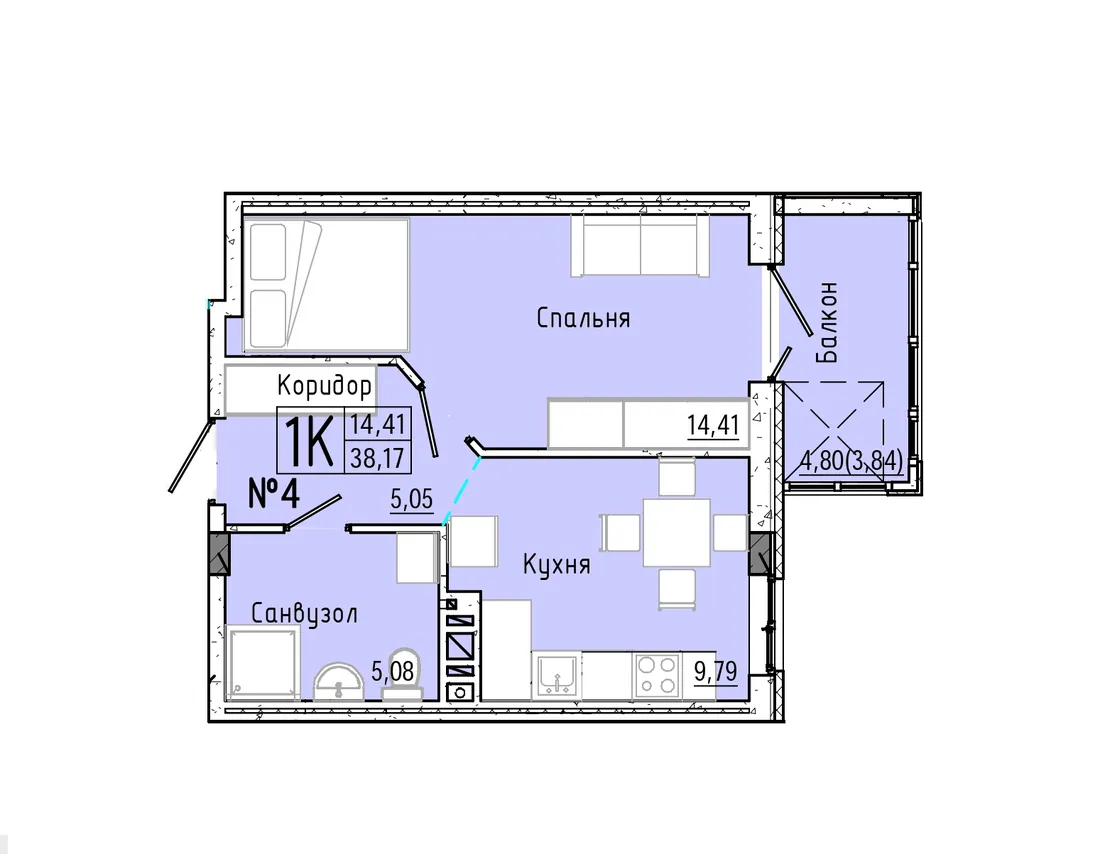 Планування квартири № 4/5/3 (стояк 4, готова секція 3) ЖК «Акварель 7»
